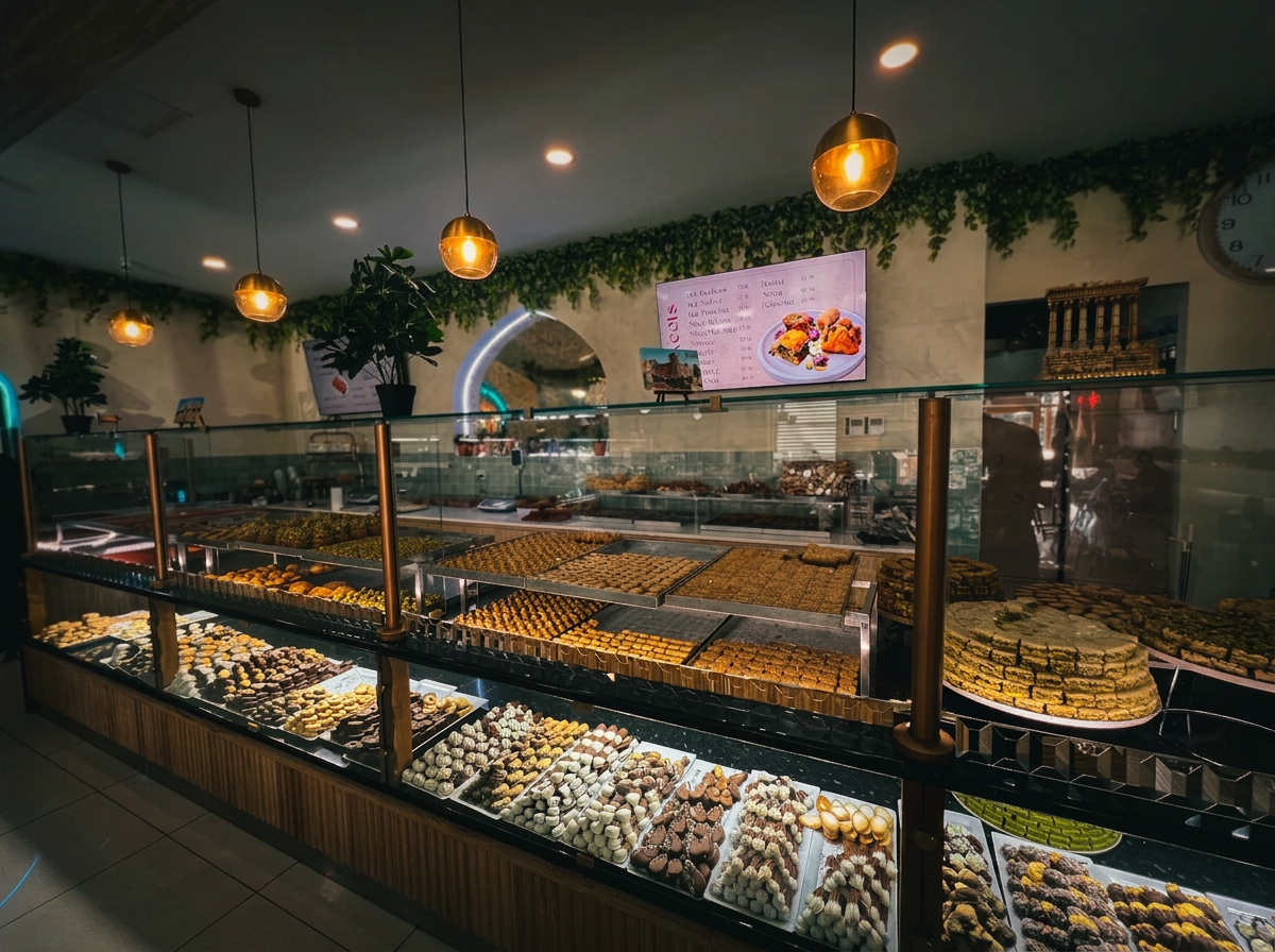Marble and brass interior of a luxury patisserie